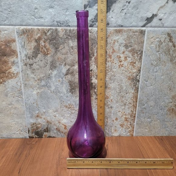 Purple Round Bottom Tall Long Neck Bud Vase Home Decor Art Glass - Picture 7 of 10